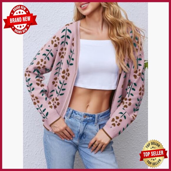 Floral Print V-Neck Cardigan Long Sleeve Loose Fit Button Front Sweater - Picture 6 of 7